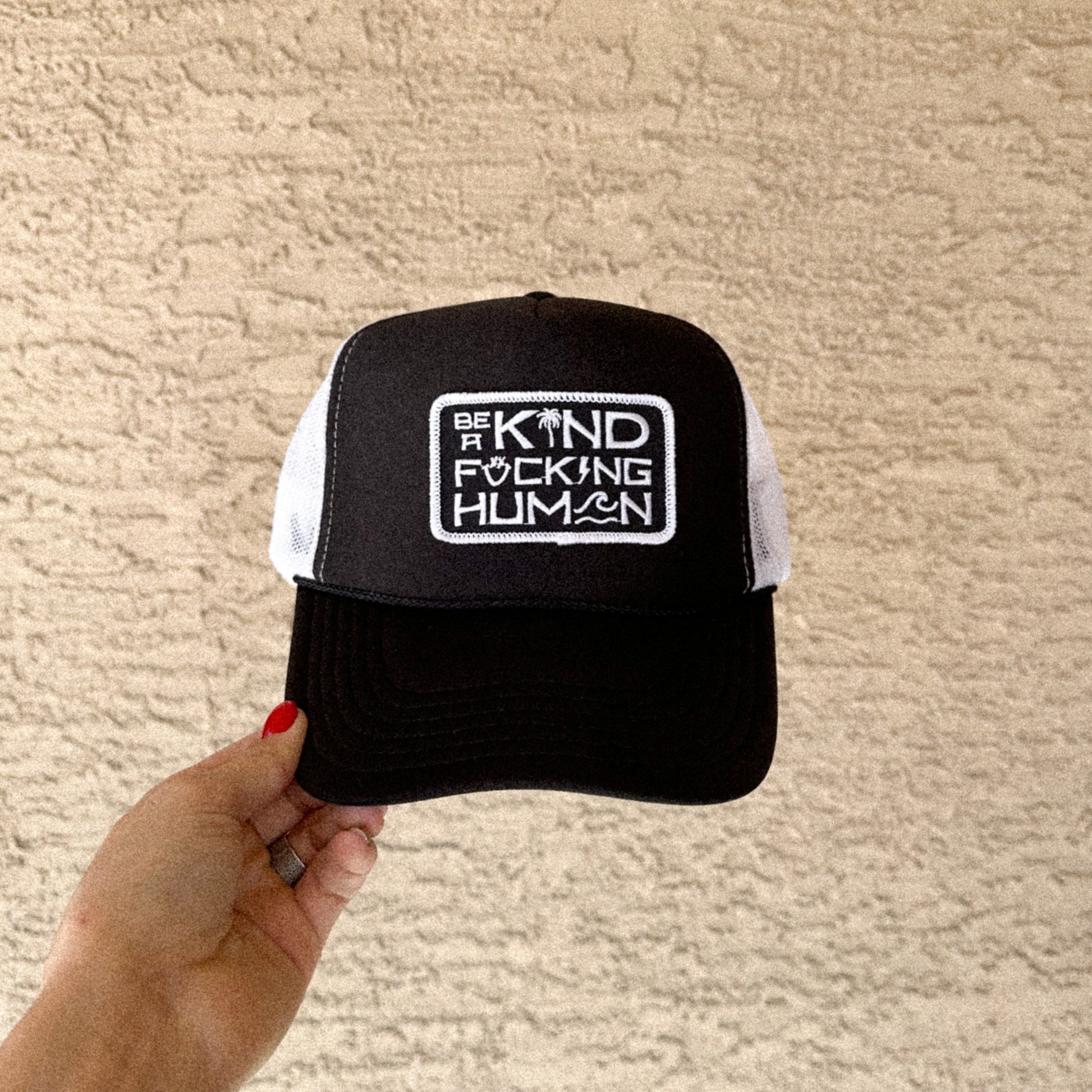 FOAM BE A KIND HUMAN HAT BLACK/WHITE, MEN'S BLACK PATCH TATUM THE LABEL